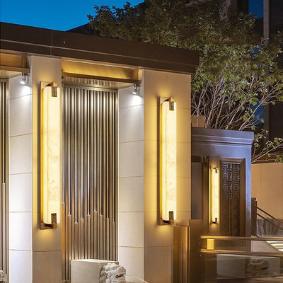 Modern Transitional Rectangular Copper Marble LED Outdoor Wall Sconce Lamp For Outdoor Patio