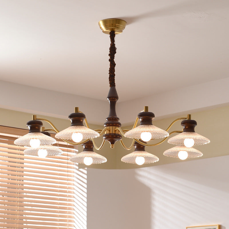 Lustres ronds en laiton vintage traditionnel, fer, bois de frêne, verre, à 3/6/8 lumières pour salle à manger 