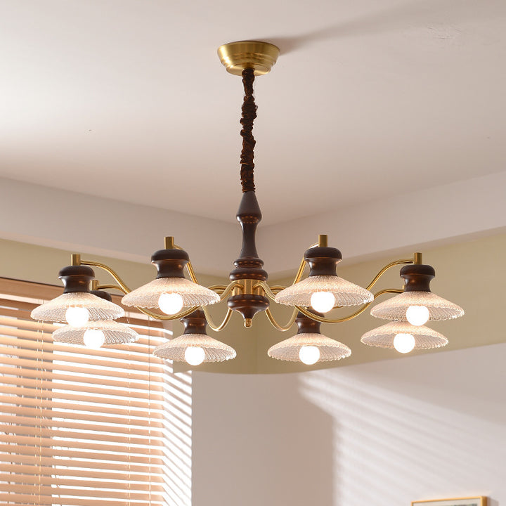 Lustres ronds en laiton vintage traditionnel, fer, bois de frêne, verre, à 3/6/8 lumières pour salle à manger 