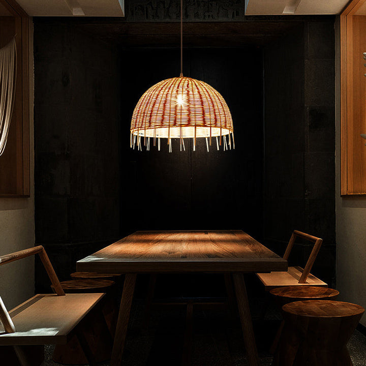 Traditional Vintage Rattan Half Ball Grass Rattan Bamboo 1-Light Pendant Light For Bedroom