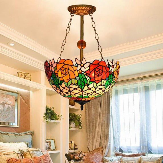 Suspension Luminaire à 3 Lumières en Verre Tiffany Creatif avec Motif de Rose 