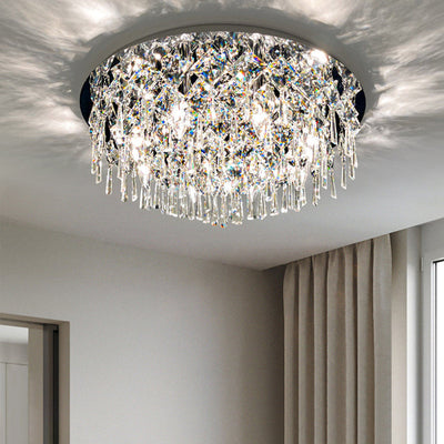 Luxe contemporain Éblouissant chaînes de cristal prismatiques Cadre rond en acier inoxydable Plafonnier encastré à 2/6/8 lumières pour salon 