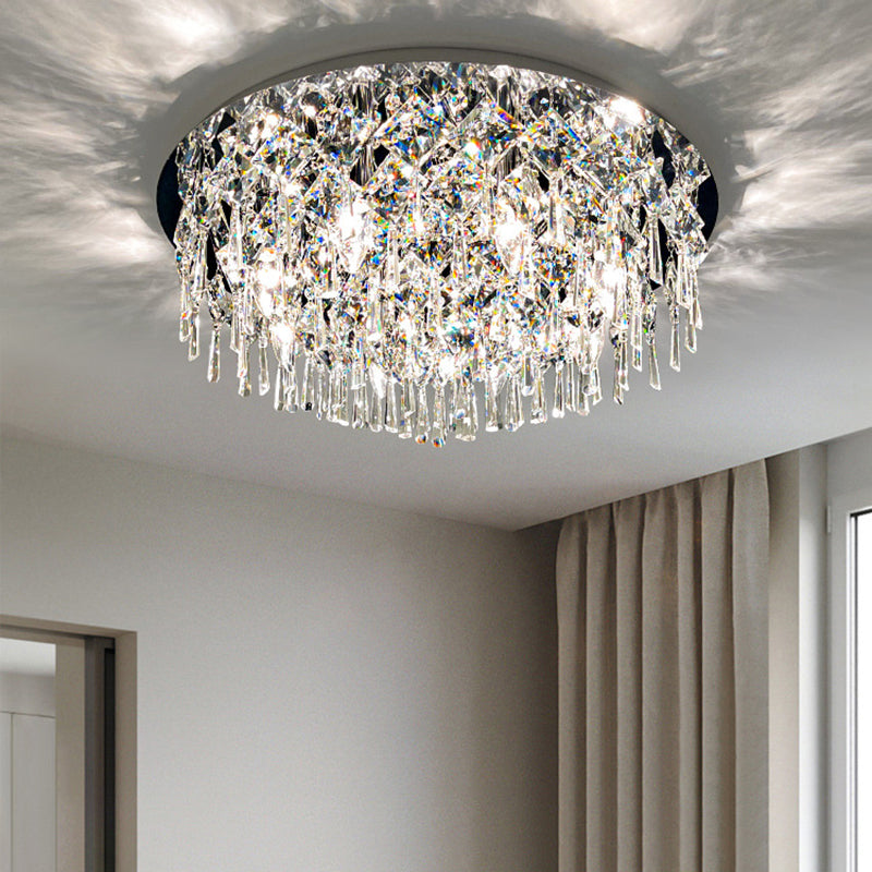 Luxe contemporain Éblouissant chaînes de cristal prismatiques Cadre rond en acier inoxydable Plafonnier encastré à 2/6/8 lumières pour salon 