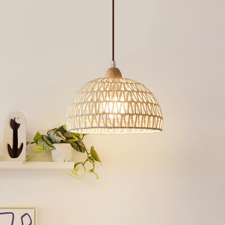 Contemporary Boho Rubberwood Faux Rattan Weaving Dome 1-Light Pendant Light For Dining Room