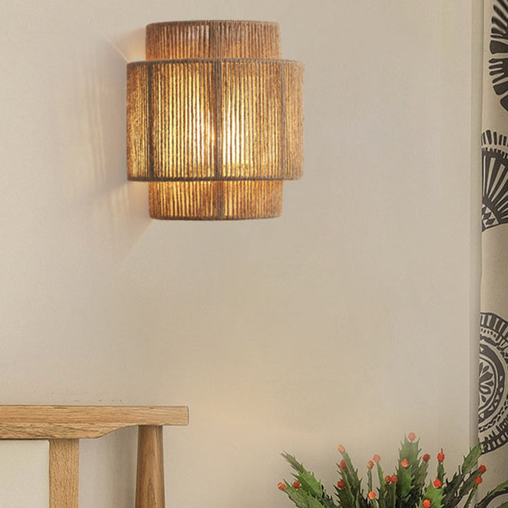 Lámpara de pared de 1 luz curva tejida con cuerda japonesa tradicional para sala de estar 