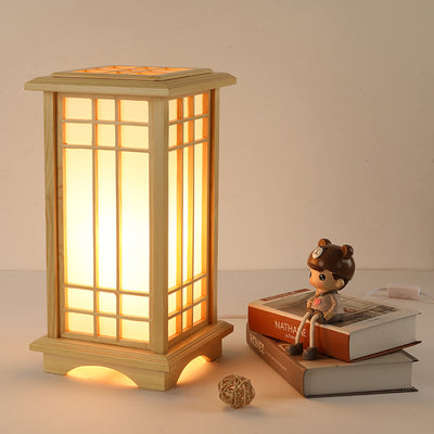 Traditional Japanese Wood Acrylic Pillar Rectangular 1/2/3 Light Standing Floor Lamp For Bedroom