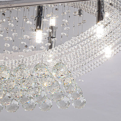 European Luxury Crystal Bead Curtain Rectangular Stainless Steel 8-Light Flush Mount Ceiling Light