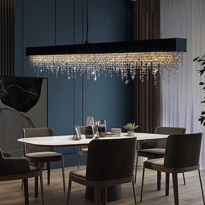 Lustre LED rectangulaire en acier inoxydable avec cristaux de luxe contemporain pour salle à manger 