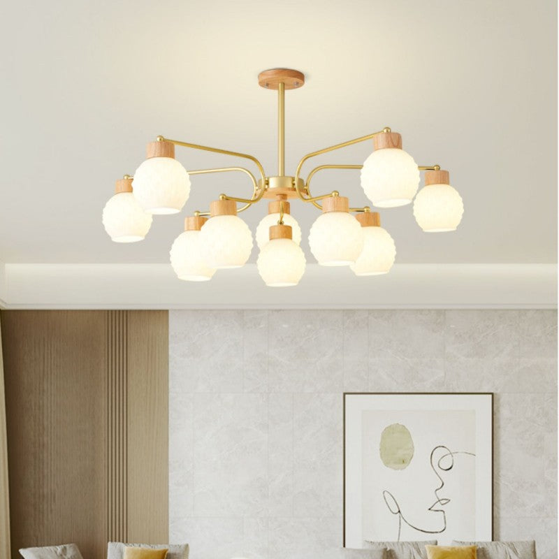 Moderne minimalistische gebogene Stange weiße Glockenblume Hardware Holz Glas 6/10 Licht Kronleuchter für Wohnzimmer 
