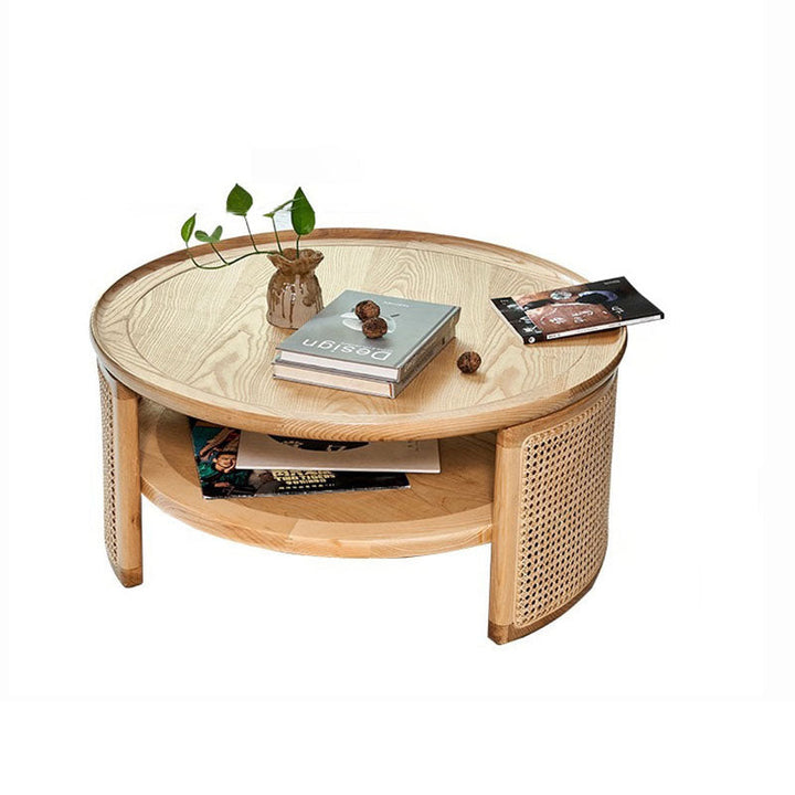 Traditioneller runder Couchtisch im japanischen Stil aus Eschenholz, Rattan und Sperrholz mit 2 Ebenen für das Wohnzimmer 