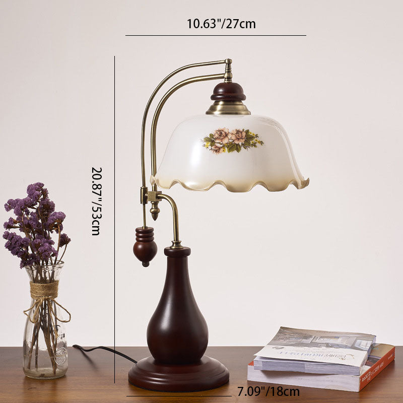 Traditional Vintage Floral Glass Solid Wood Base 1-Light Table Lamp For Bedroom