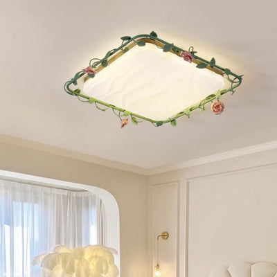 Contemporary Creative Round Square Rose Leaf Iron Rubberwood Acrylic LED Flush Mount Ceiling Light For Bedroom