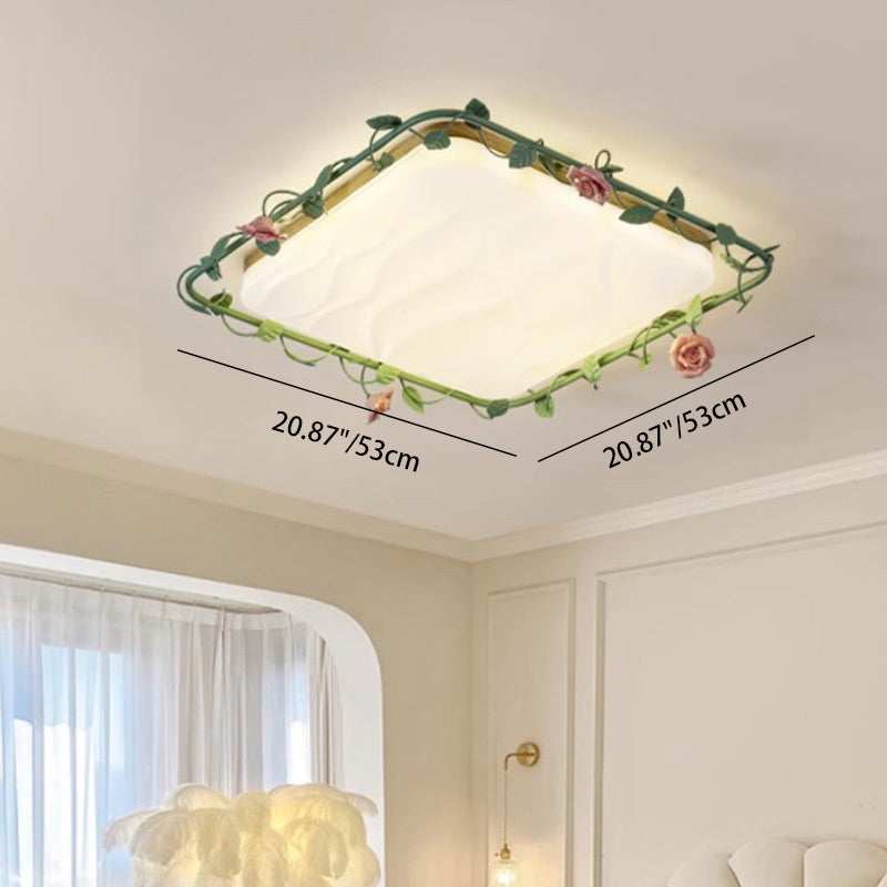 Contemporary Creative Round Square Rose Leaf Iron Rubberwood Acrylic LED Flush Mount Ceiling Light For Bedroom
