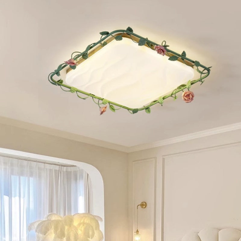 Contemporary Creative Round Square Rose Leaf Iron Rubberwood Acrylic LED Flush Mount Ceiling Light For Bedroom