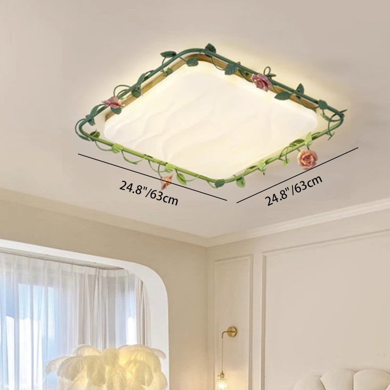 Contemporary Creative Round Square Rose Leaf Iron Rubberwood Acrylic LED Flush Mount Ceiling Light For Bedroom