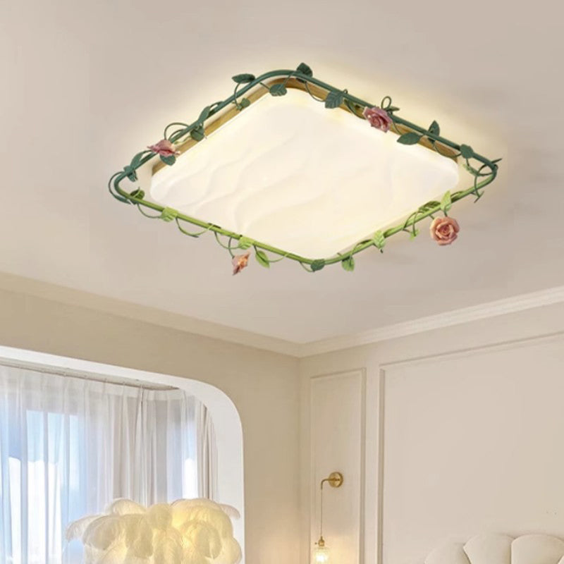 Contemporary Creative Round Square Rose Leaf Iron Rubberwood Acrylic LED Flush Mount Ceiling Light For Bedroom