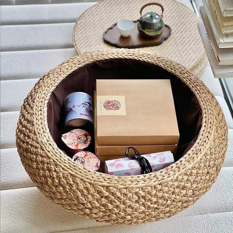 Traditional Japanese Round Rattan Mat Side Table Solid Wood Frame Side Table 1-Storage For Living Room