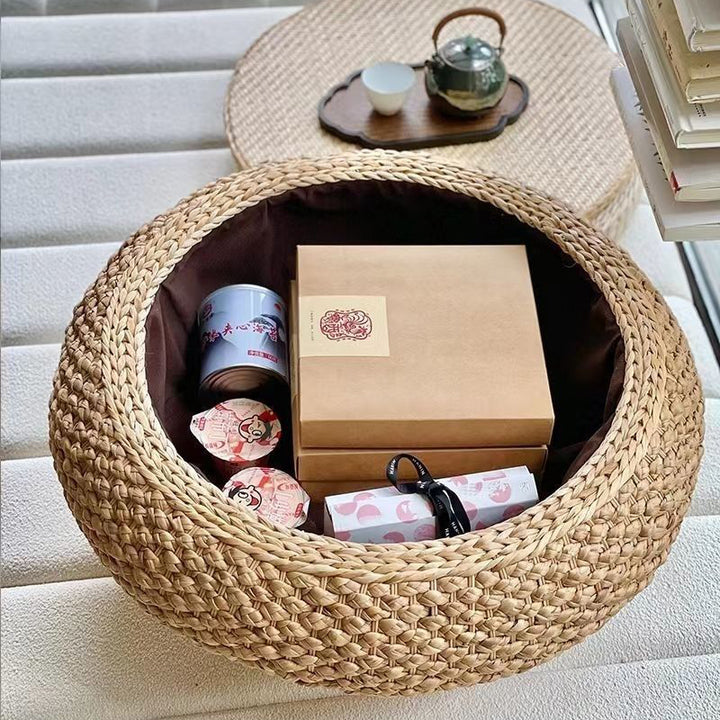 Traditional Japanese Round Rattan Mat Side Table Solid Wood Frame Side Table 1-Storage For Living Room