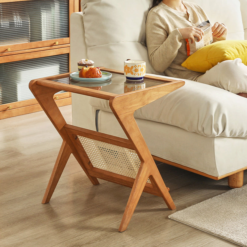 Contemporary Scandinavian Square Rubberwood Solid Wood Glass Side Table For Living Room