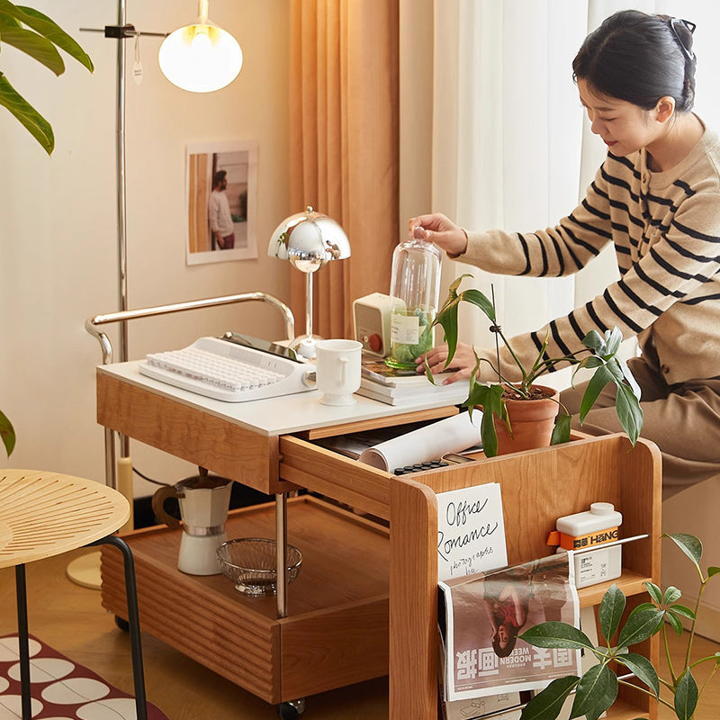 Zeitgenössischer japanischer abnehmbarer rechteckiger Massivholz-Beistelltisch 2-stufig für Wohnzimmer 