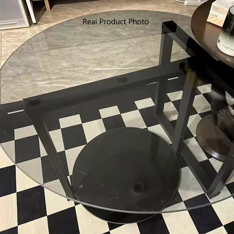 Table basse moderne minimaliste avec dessus en verre et cadre en fer rond à 2 niveaux pour salon 