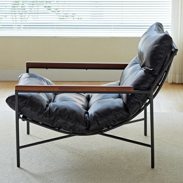 Moderner Mid-Century Rechteckiger PU-Leder-Karbonstahl-Gummibaum-Massivholz-PP-Baumwolle-Rücklehne für Wohnzimmer 