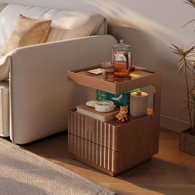 Contemporary Nordic Rectangular Solid Wood Tempered Glass Zinc Alloy Nightstand 2-Drawer For Bedroom