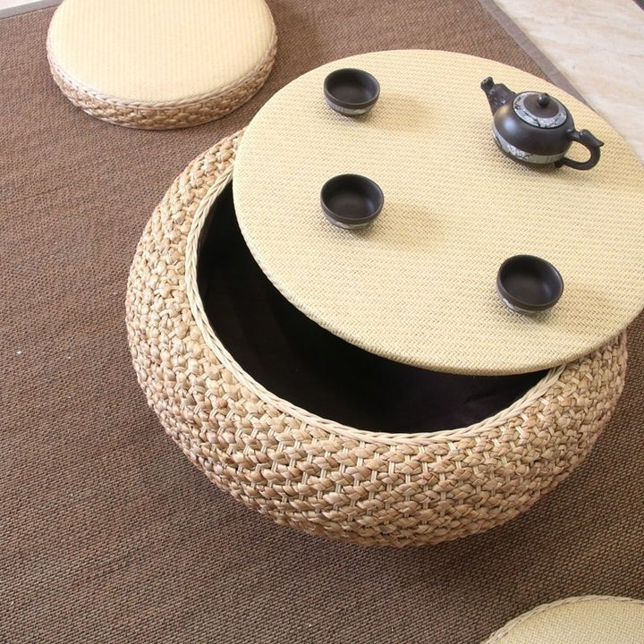 Traditional Japanese Round Rattan Mat Side Table Solid Wood Frame Side Table 1-Storage For Living Room