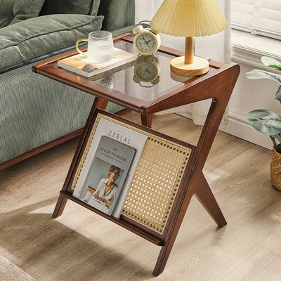 Contemporary Scandinavian Square Rubberwood Solid Wood Glass Side Table For Living Room