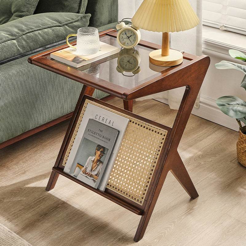 Contemporary Scandinavian Square Rubberwood Solid Wood Glass Side Table For Living Room