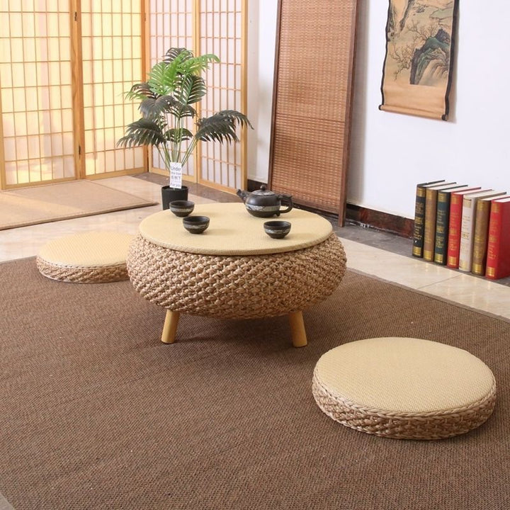 Traditional Japanese Round Rattan Mat Side Table Solid Wood Frame Side Table 1-Storage For Living Room