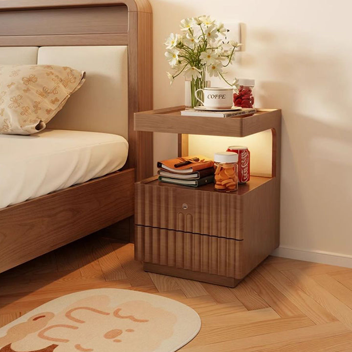 Contemporary Nordic Rectangular Rubberwood Pine Wood Tempered Glass Zinc Alloy Nightstand 2-Drawer For Bedroom