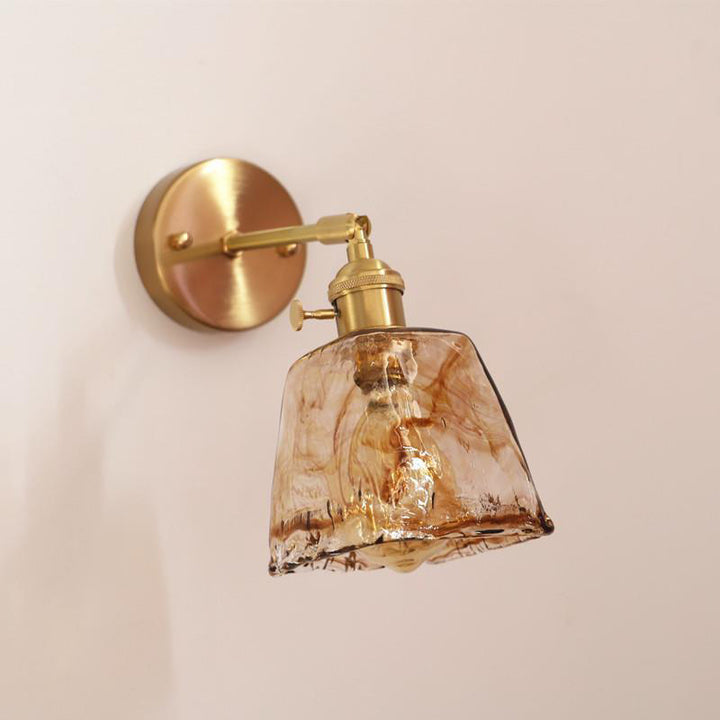 Modern Minimalist Eclectic Amber Glass Brass Iron Geometric 1-Light Wall Sconce Lamp For Living Room