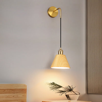 Lámpara de aplique de pared de 1 luz, cilindro de mesa redonda minimalista moderna, hierro, vetas de madera de nogal, para dormitorio 