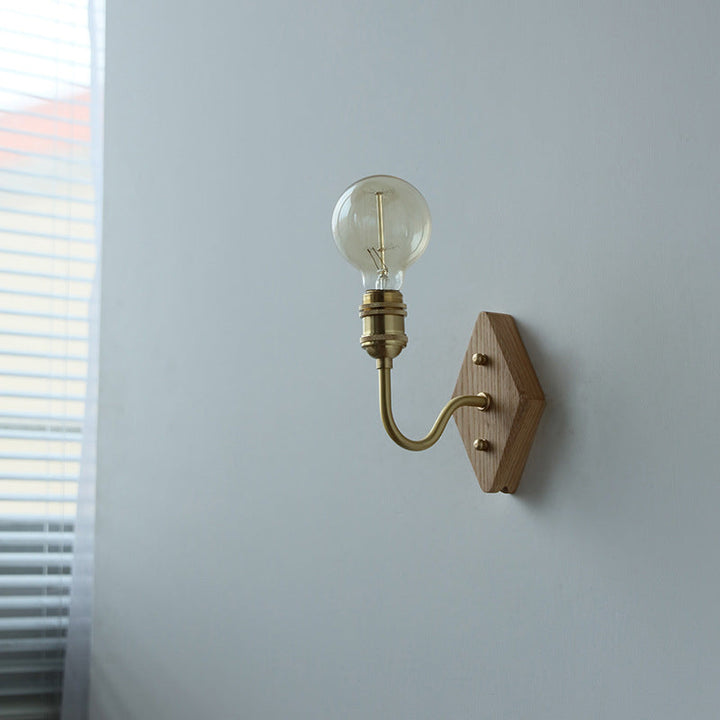 Lámpara de Aplique de Pared de 1 Luz de Madera y Latón con Poste Curvado de Diamante Retro Contemporáneo para Dormitorio 