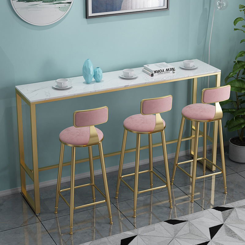 Conjunto de taburetes y mesa contemporáneo escandinavo de hierro, terciopelo, esponja, mármol, redondo y rectangular para cocina 