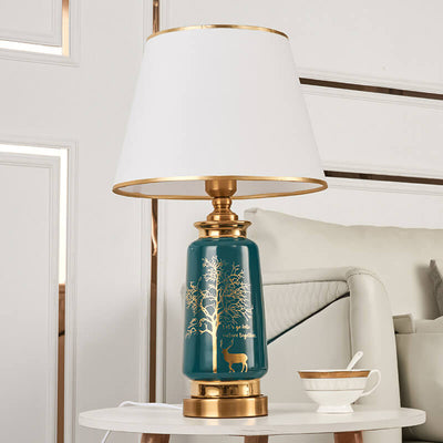 Nordic Light Luxury Fabric Deer Tracing Gold Ceramic 1-Light Table Lamp