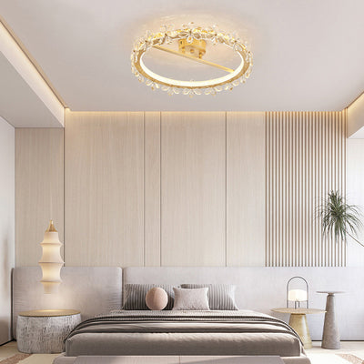 Modern Luxury Round Petal Full Copper Crystal LED Semi-Flush Mount Ceiling Light For Bedroom