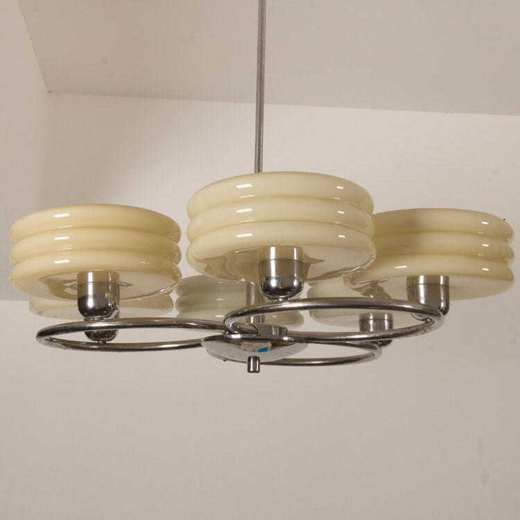 French Vintage Green Cream Glass Round Chrome Circle 6-Light Chandelier