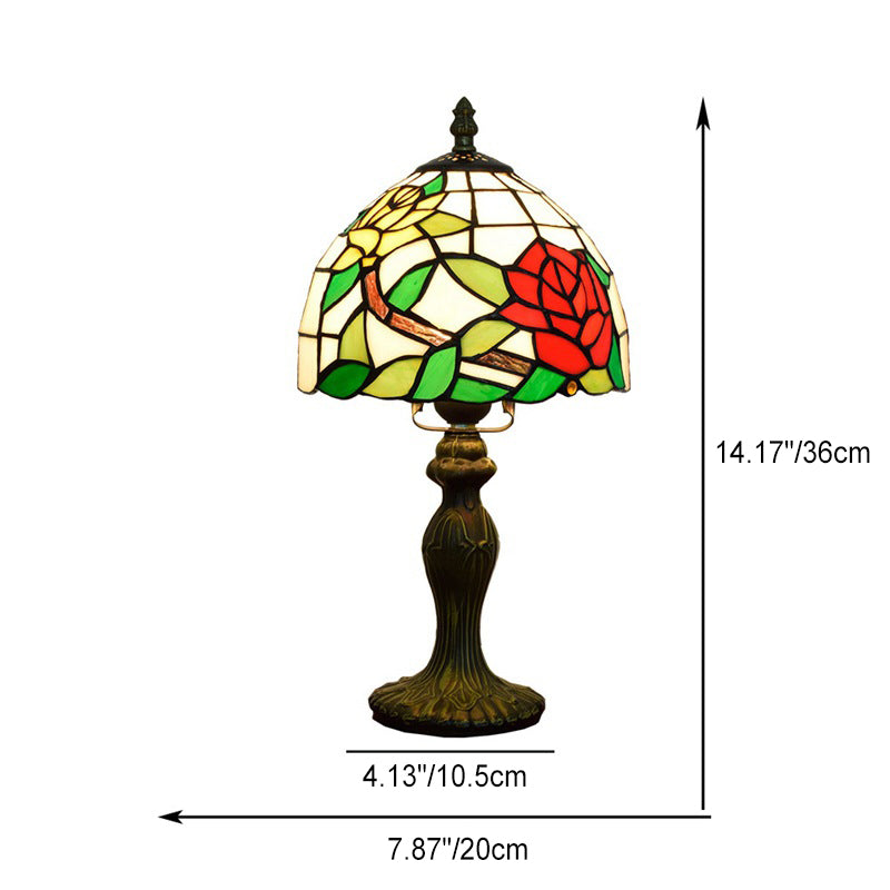 Lampe de Table à 1 Lumière avec Dôme en Cône Fleur de Rose en Verre Stainé Traditionnel Tiffany pour Chambre 