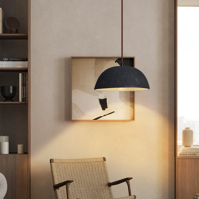Moderne minimalistische halbrunde 1-flammige Pendelleuchte aus Keramik und Holz für Esszimmer 