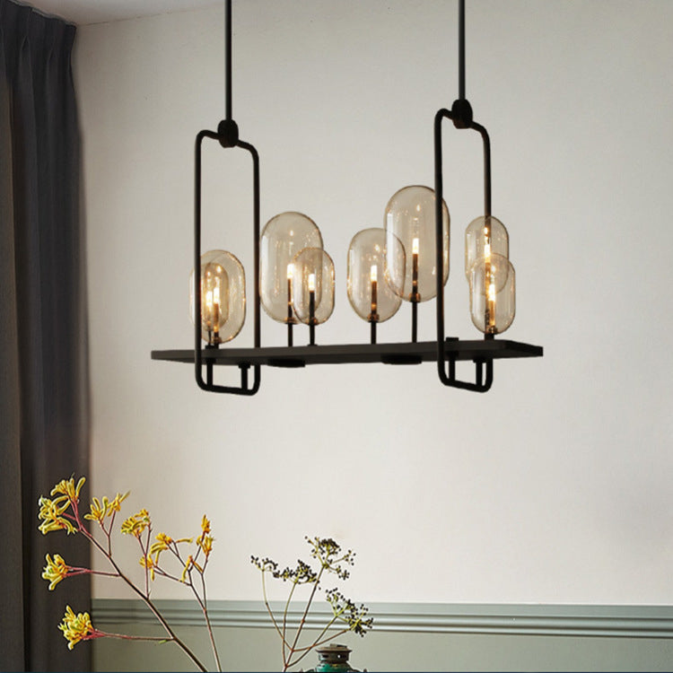 Zeitgenössischer kreativer rechteckiger Kugel-Eisen-Hardware-Glas-6-Licht-LED-Insel-Licht-Kronleuchter für Wohnzimmer 