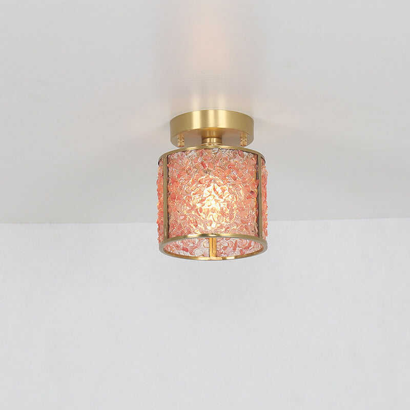 European Light Luxury Pink Crystal Cylinder Copper 1-Light Semi-Flush Mount Ceiling Light