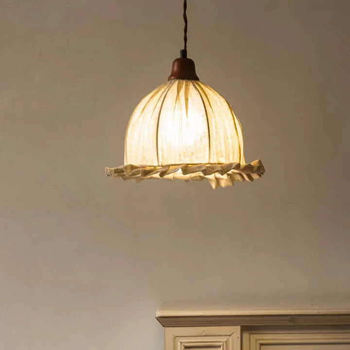 Zeitgenössische Retro Halbkugelförmige Spitze Massivholz Stoff 1-Licht Pendelleuchte Für Schlafzimmer 