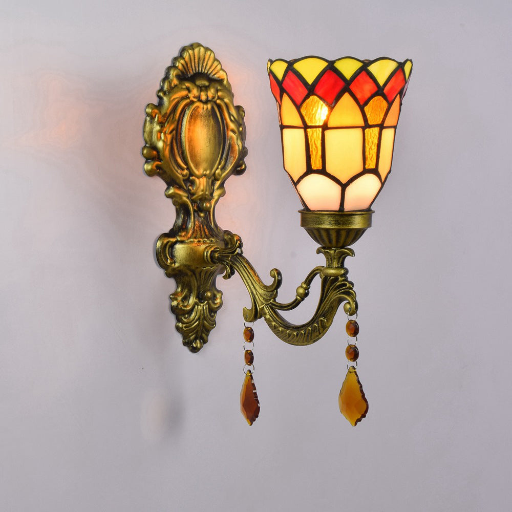 Traditionelle Tiffany Blume Eisen Kristall Glasmalerei 1-Licht Wandleuchte Lampe für Wohnzimmer 