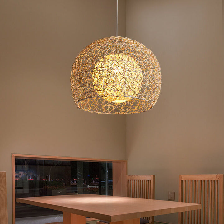 Contemporary Boho Round Faux Rattan Weaving 1-Light Pendant Light For Dining Room