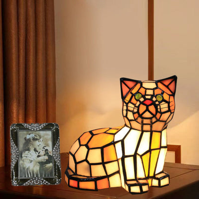 Lámpara de mesa de 1 luz con diseño de gato de vidrio Tiffany tradicional para dormitorio 