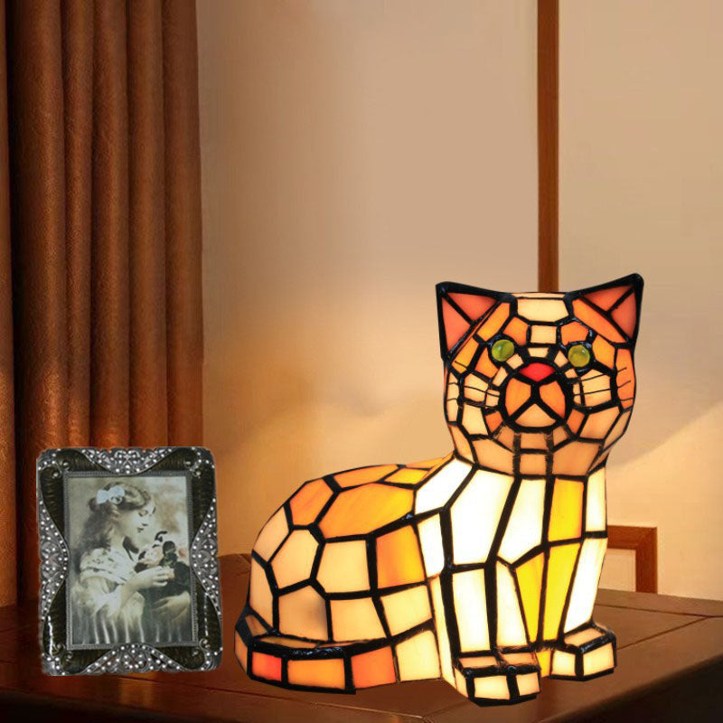 Lámpara de mesa de 1 luz con diseño de gato de vidrio Tiffany tradicional para dormitorio 