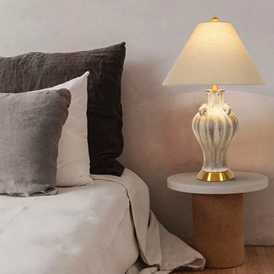 Contemporary Retro Aged Ceramic Jar Fabric Cone 1-Light Table Lamp For Bedroom
