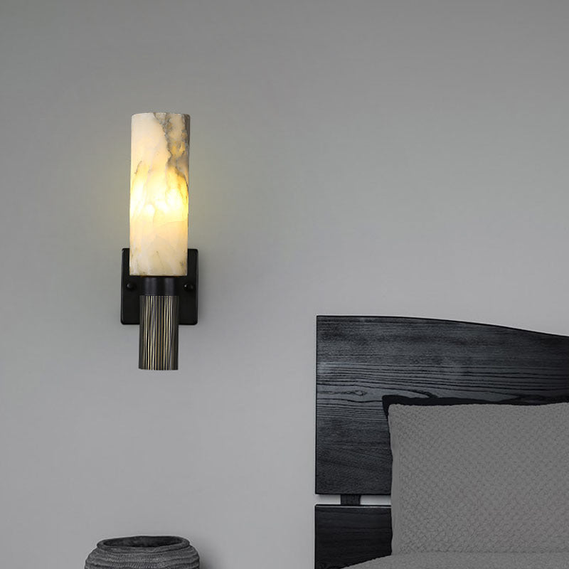 Traditional Chinese Cylinder Marble Copper Iron 1-Light Wall Sconce Lamp For Bedroom
